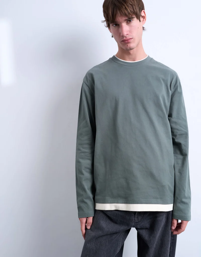 Topman double layer jersey long sleeve tee in sage and cream