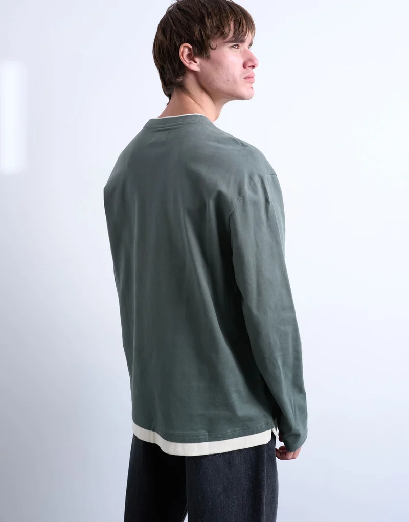 Topman double layer jersey long sleeve tee in sage and cream