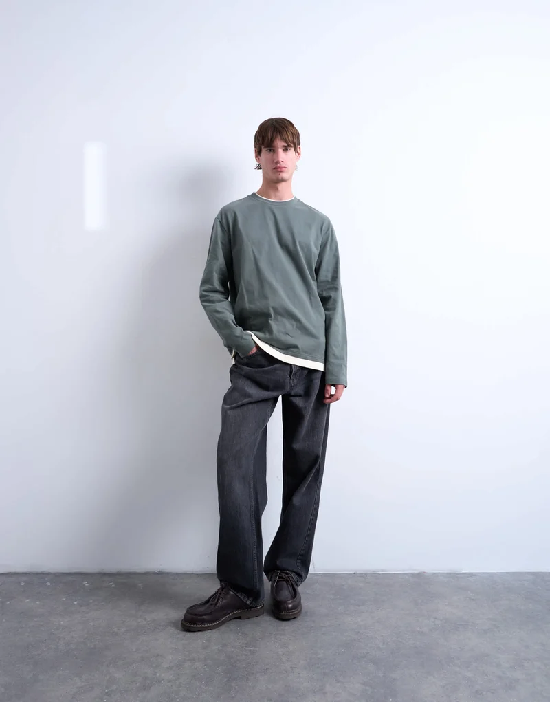 Topman double layer jersey long sleeve tee in sage and cream