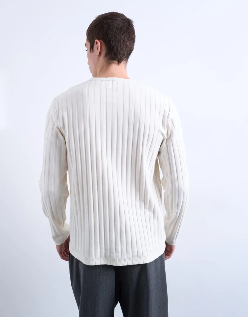 Topman long sleeve rib henley tee in cream