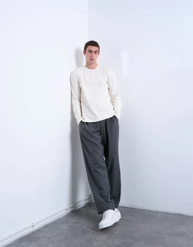 Topman long sleeve rib henley tee in cream