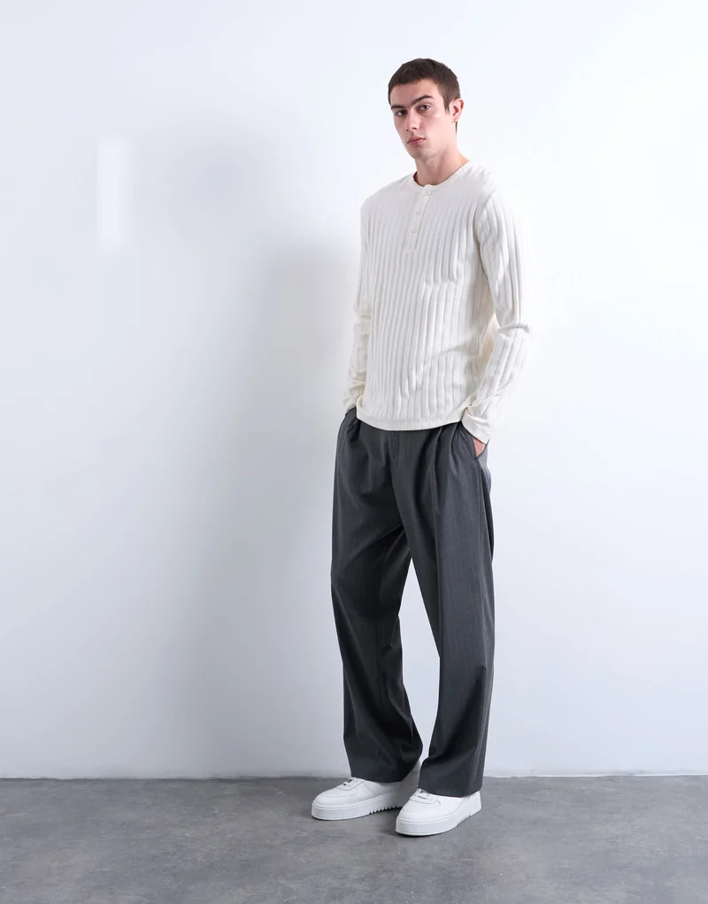 Topman long sleeve rib henley tee in cream