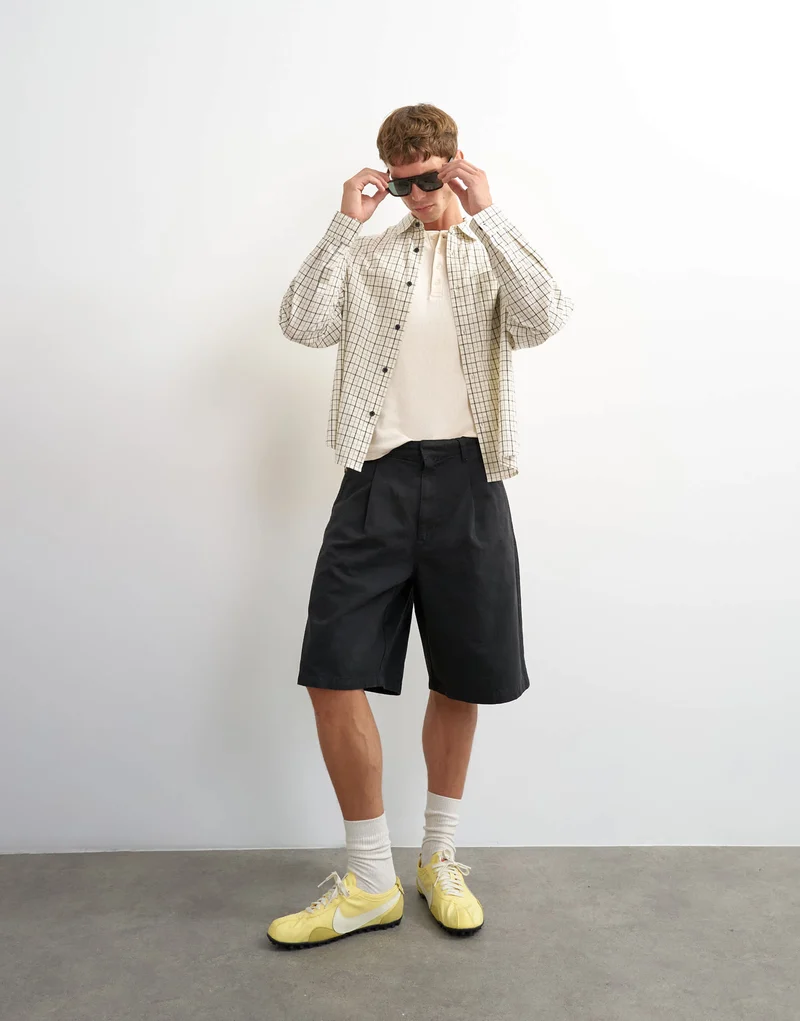 Topman relaxed crop fit check shirt in ecru