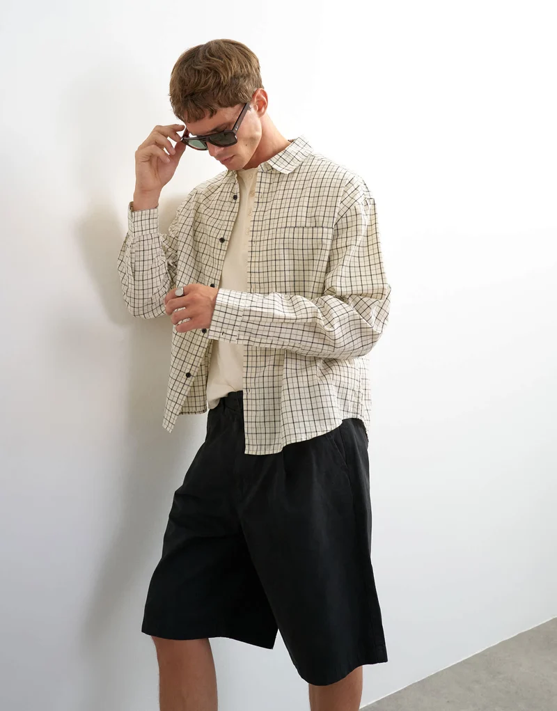 Topman relaxed crop fit check shirt in ecru