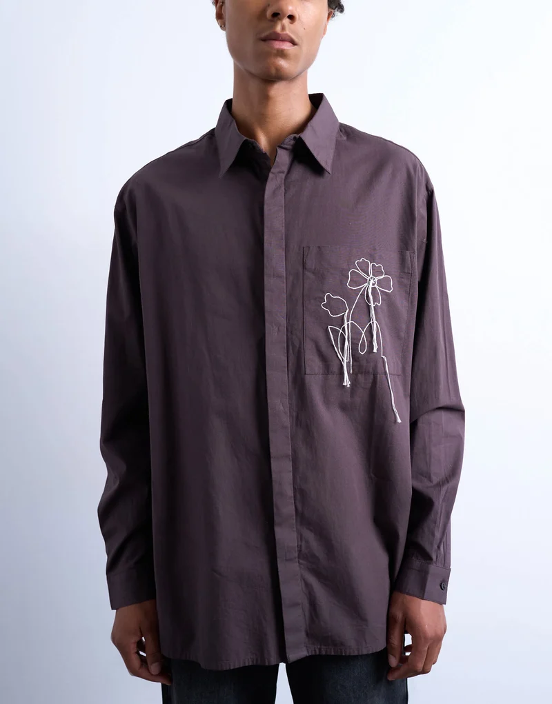 Topman oversized fit poplin shirt with floral embroidery in brown