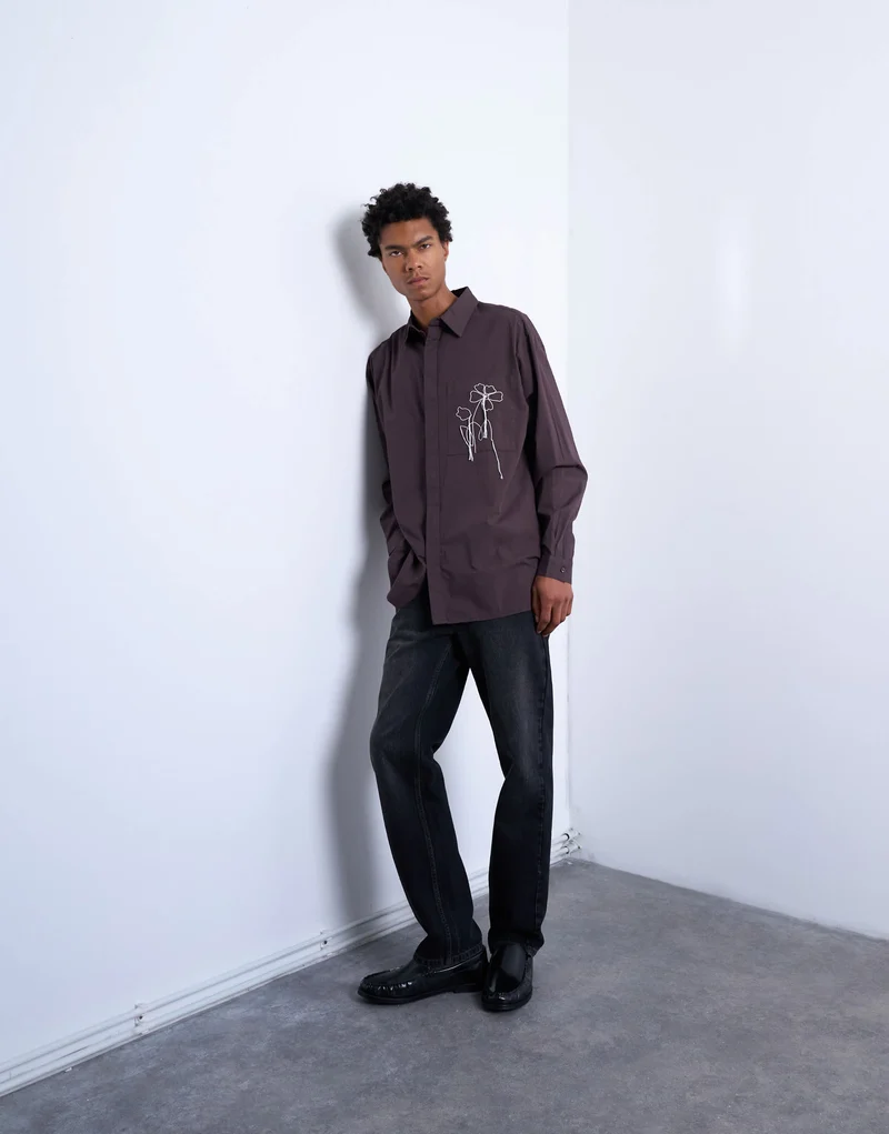 Topman oversized fit poplin shirt with floral embroidery in brown