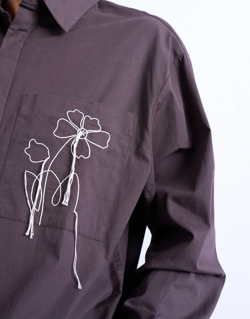 Topman oversized fit poplin shirt with floral embroidery in brown