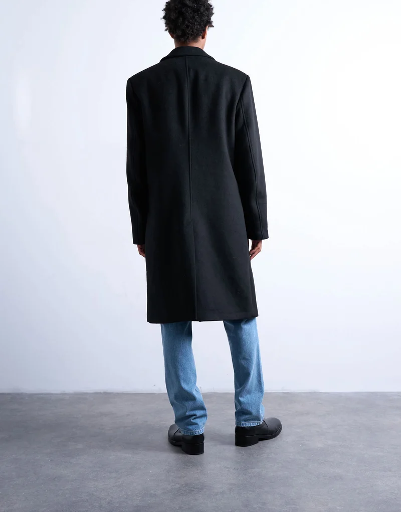 Topman double breasted wool blend overcoat in black