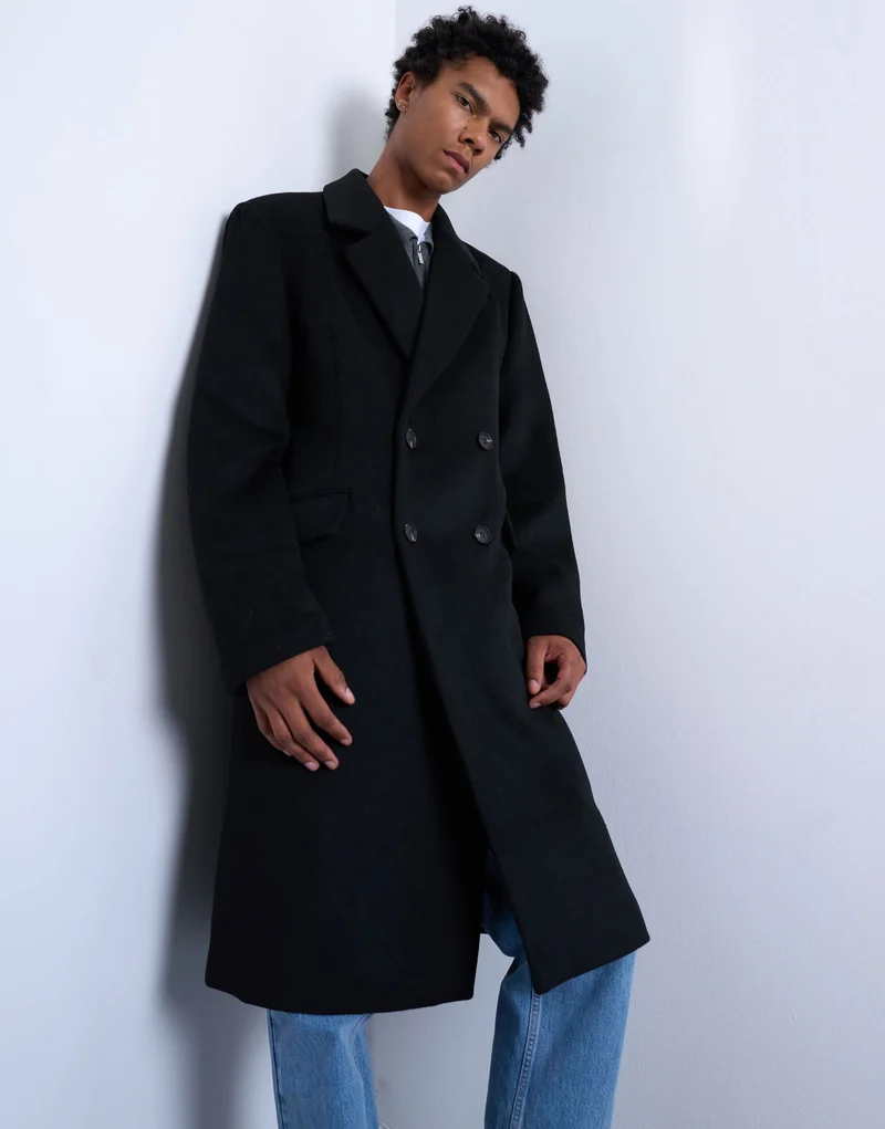 Topman double breasted wool blend overcoat in black