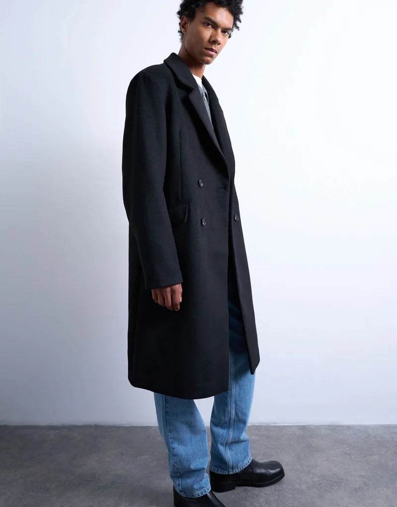 Topman double breasted wool blend overcoat in black