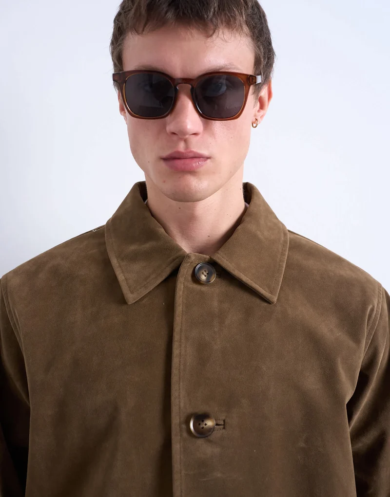 Topman faux suede button jacket in brown