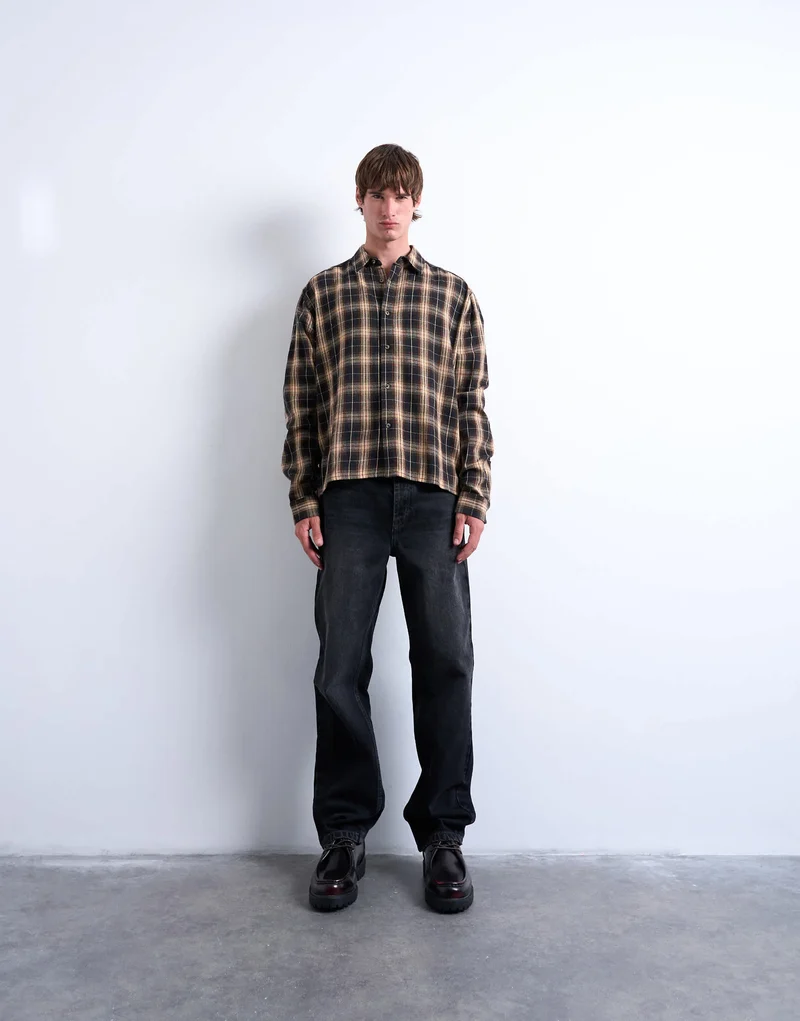 Topman relaxed fit crop flannel shirt in brown check