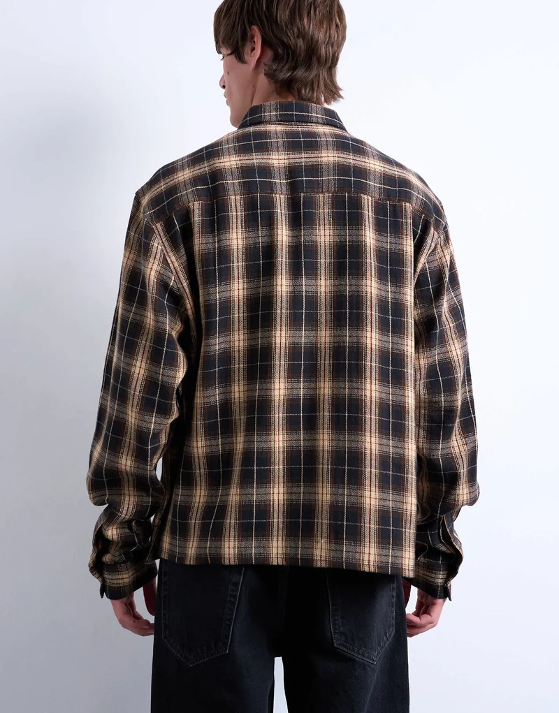 Topman relaxed fit crop flannel shirt in brown check