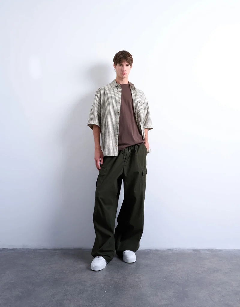 Topman relaxed fit short sleeve textured check shirt in stone