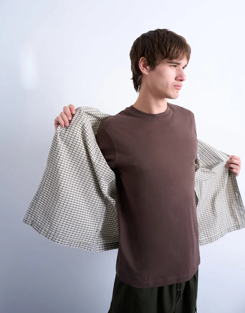 Topman relaxed fit short sleeve textured check shirt in stone