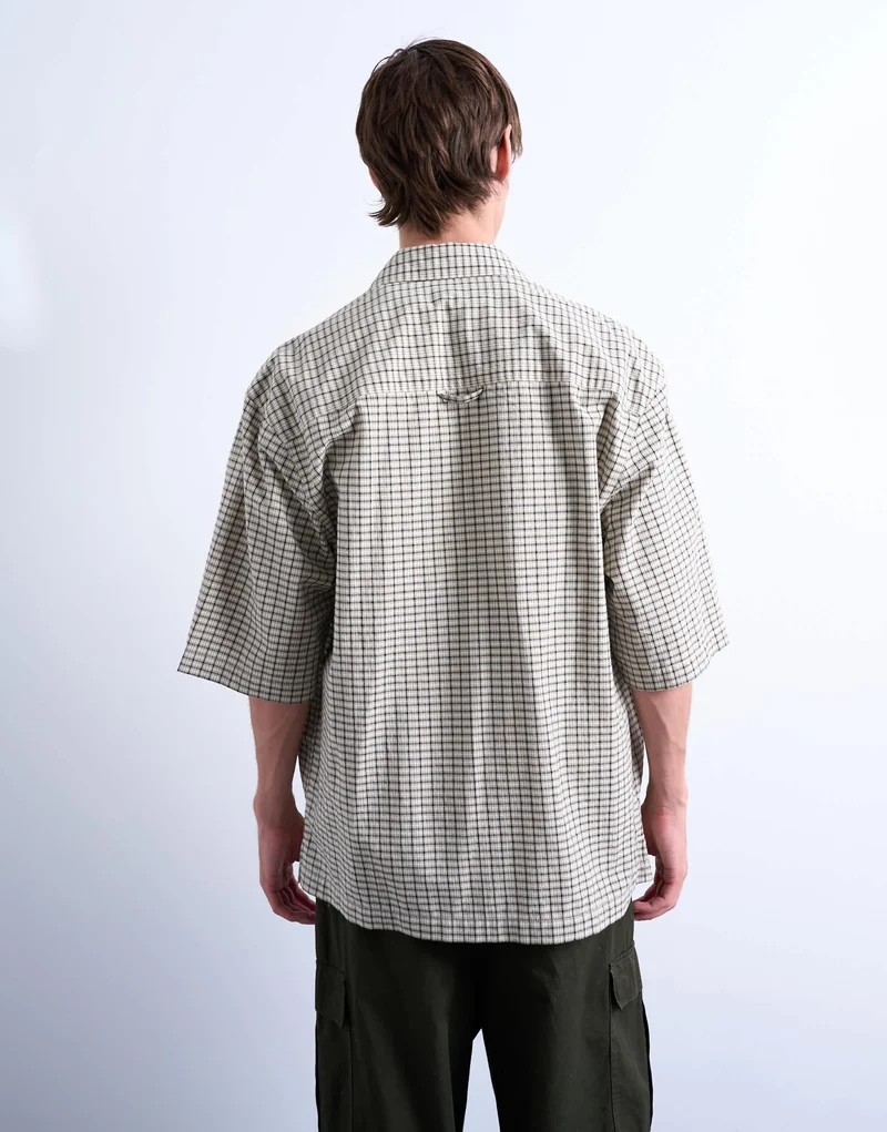 Topman relaxed fit short sleeve textured check shirt in stone