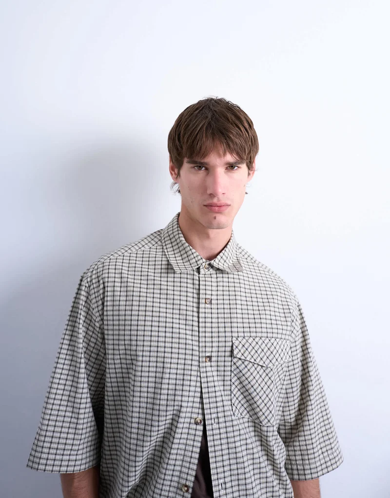 Topman relaxed fit short sleeve textured check shirt in stone