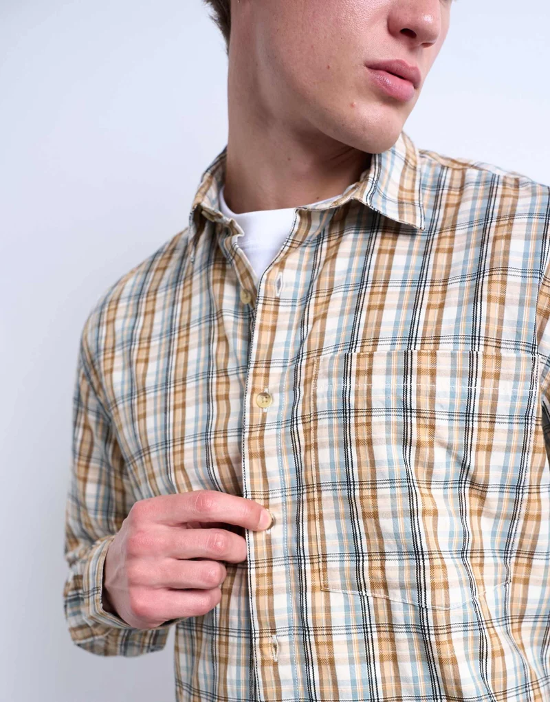 Topman regular fit textured check shirt in stone