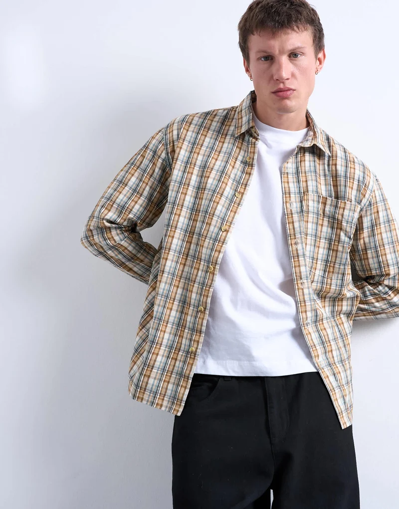 Topman regular fit textured check shirt in stone