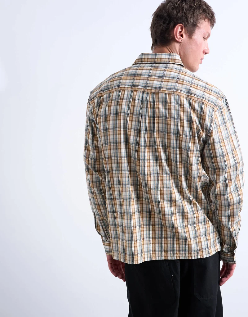 Topman regular fit textured check shirt in stone