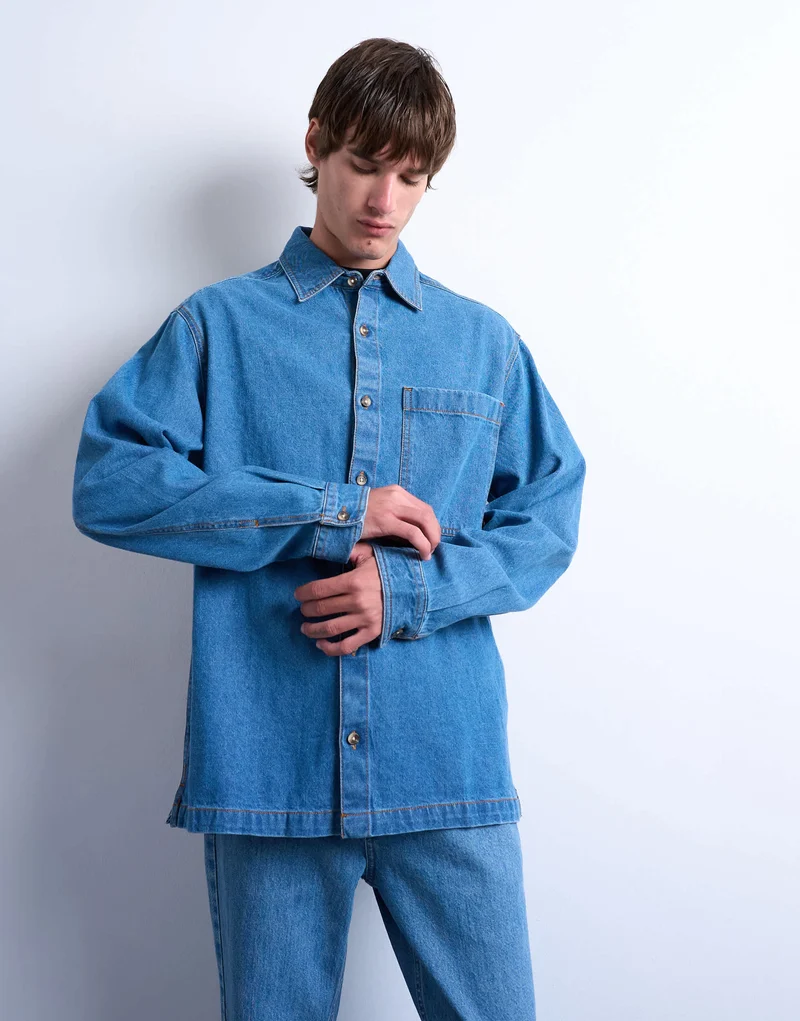 Topman regular fit denim overshirt in mid wash blue