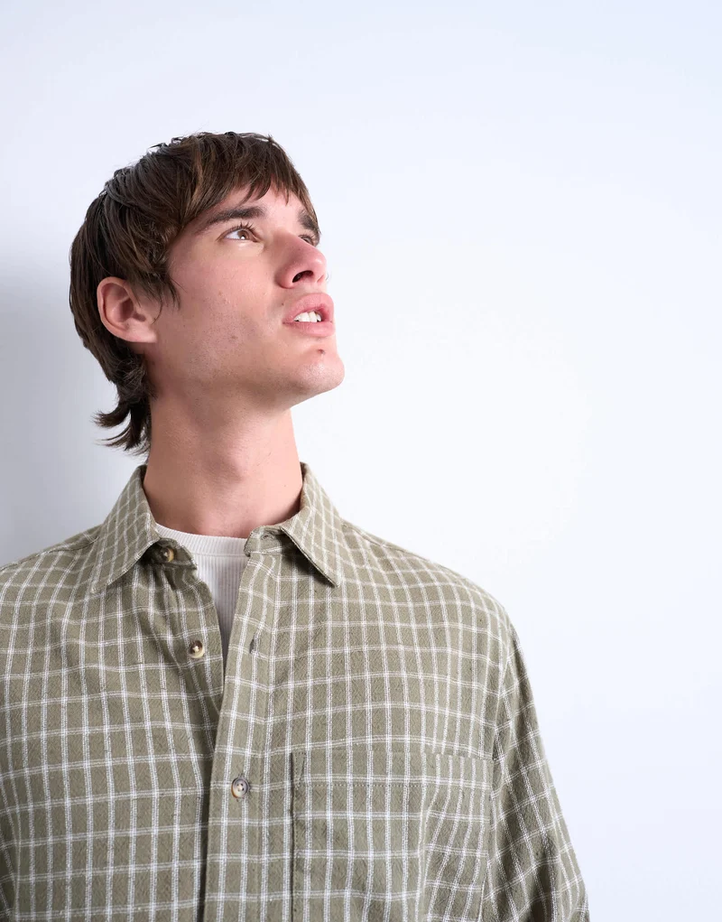 Topman long sleeve relaxed grid check shirt in khaki
