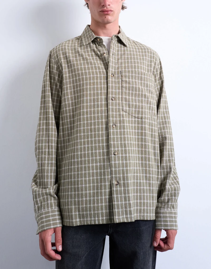 Topman long sleeve relaxed grid check shirt in khaki