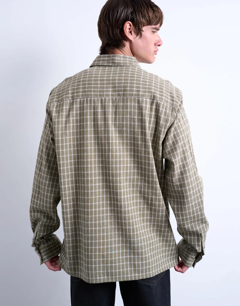 Topman long sleeve relaxed grid check shirt in khaki