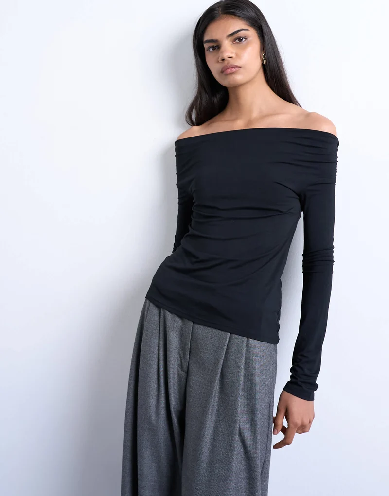 Topshop long sleeve bardot top in black
