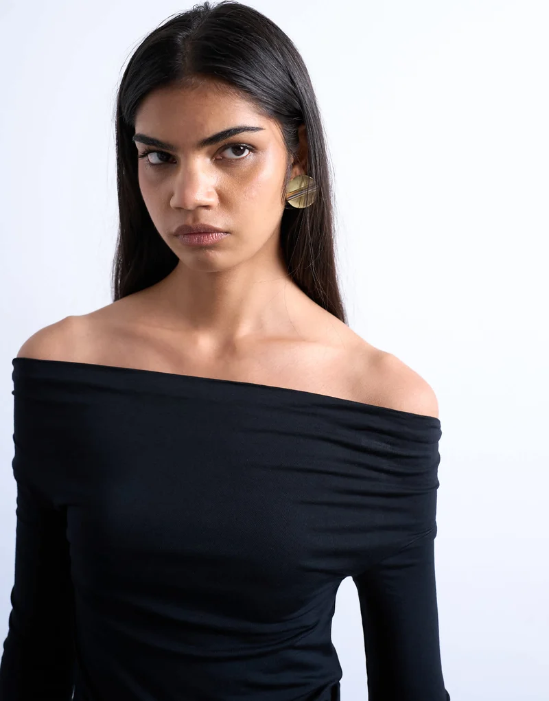 Topshop long sleeve bardot top in black