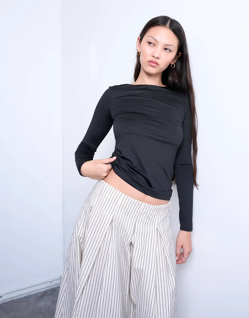 Topshop slinky crew neck long sleeve top in black