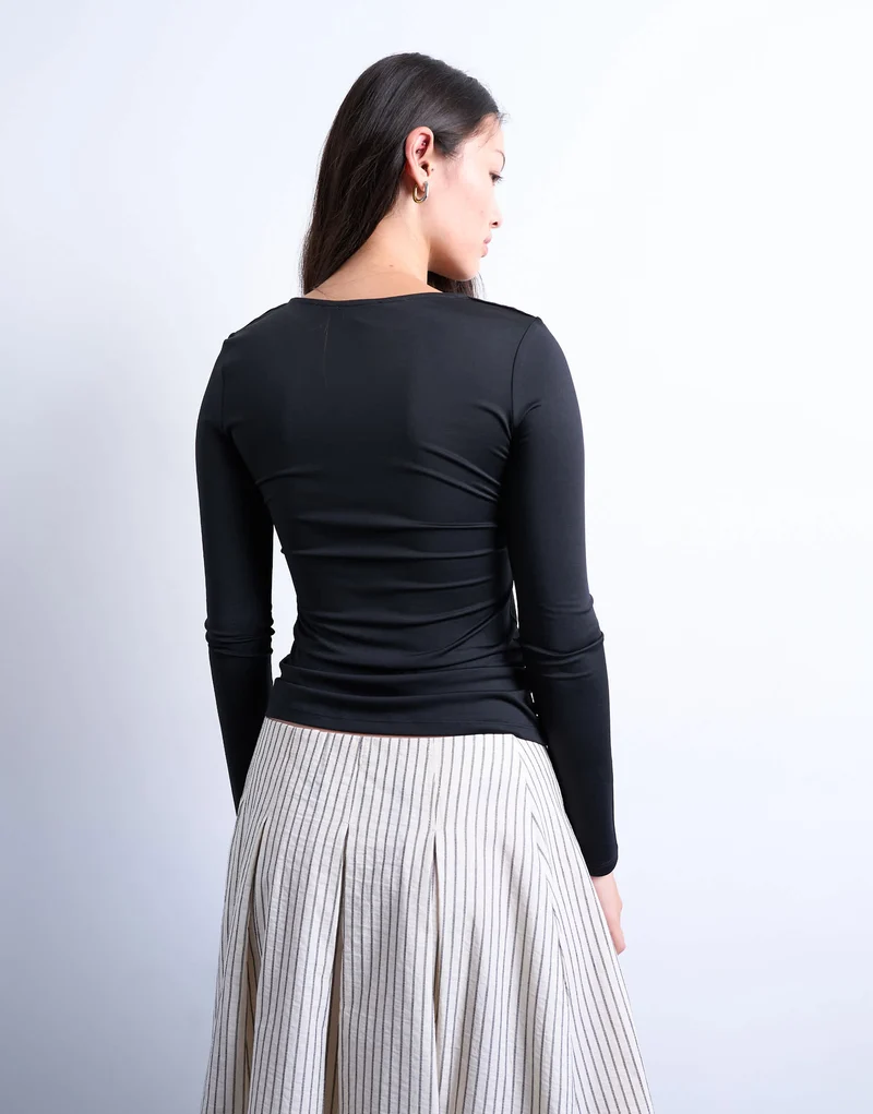 Topshop slinky crew neck long sleeve top in black