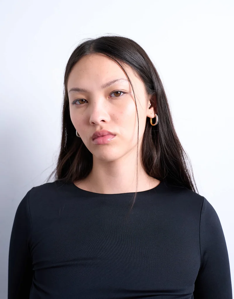 Topshop slinky crew neck long sleeve top in black