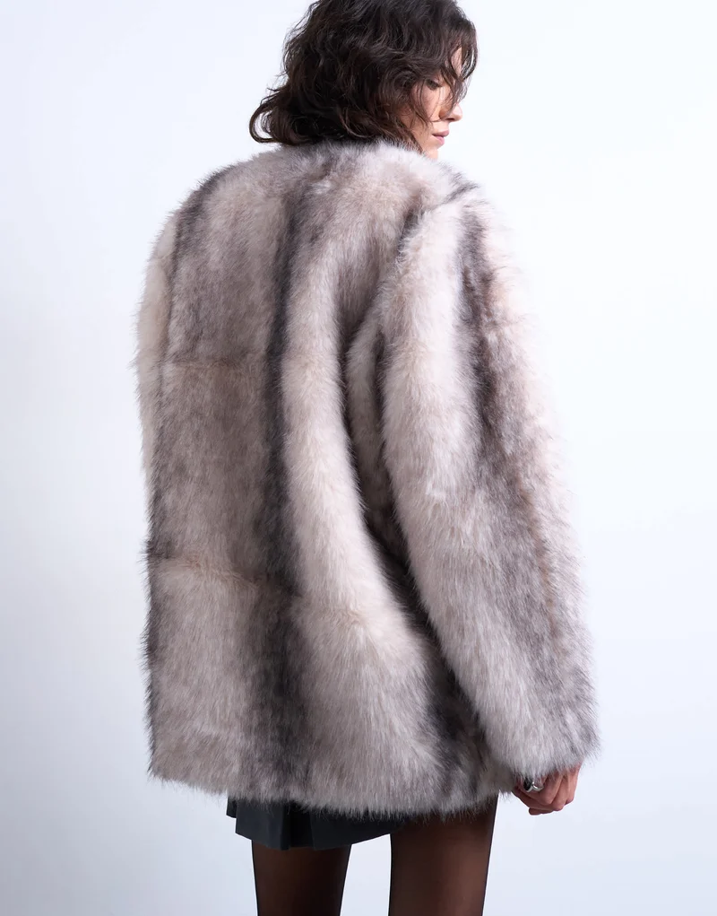 Topshop faux fur collarless mid length coat in white stripe