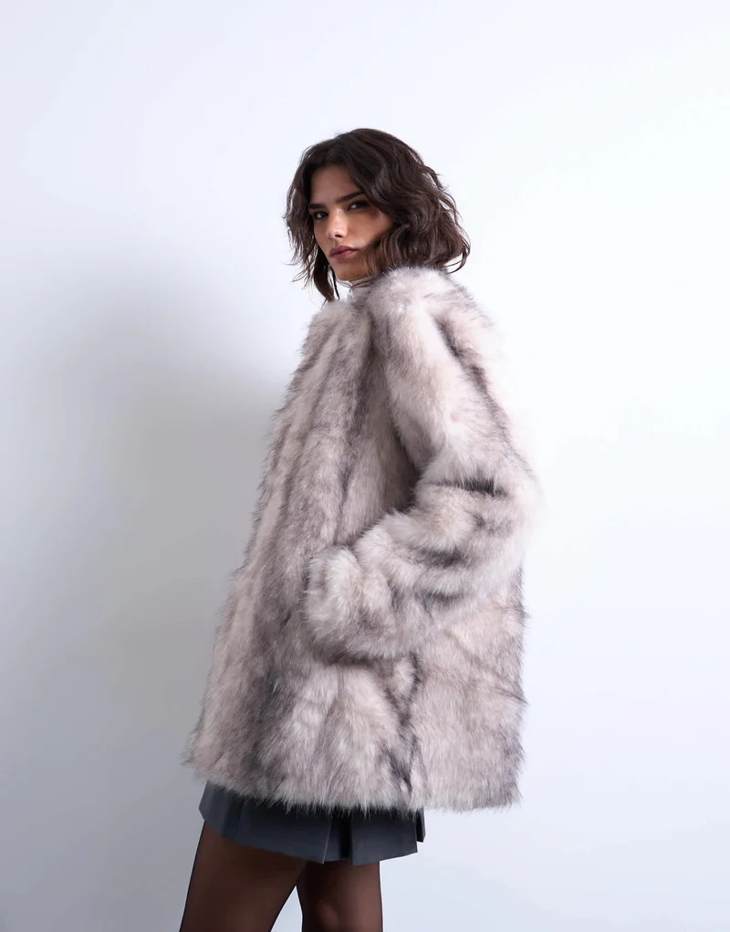 Topshop faux fur collarless mid length coat in white stripe