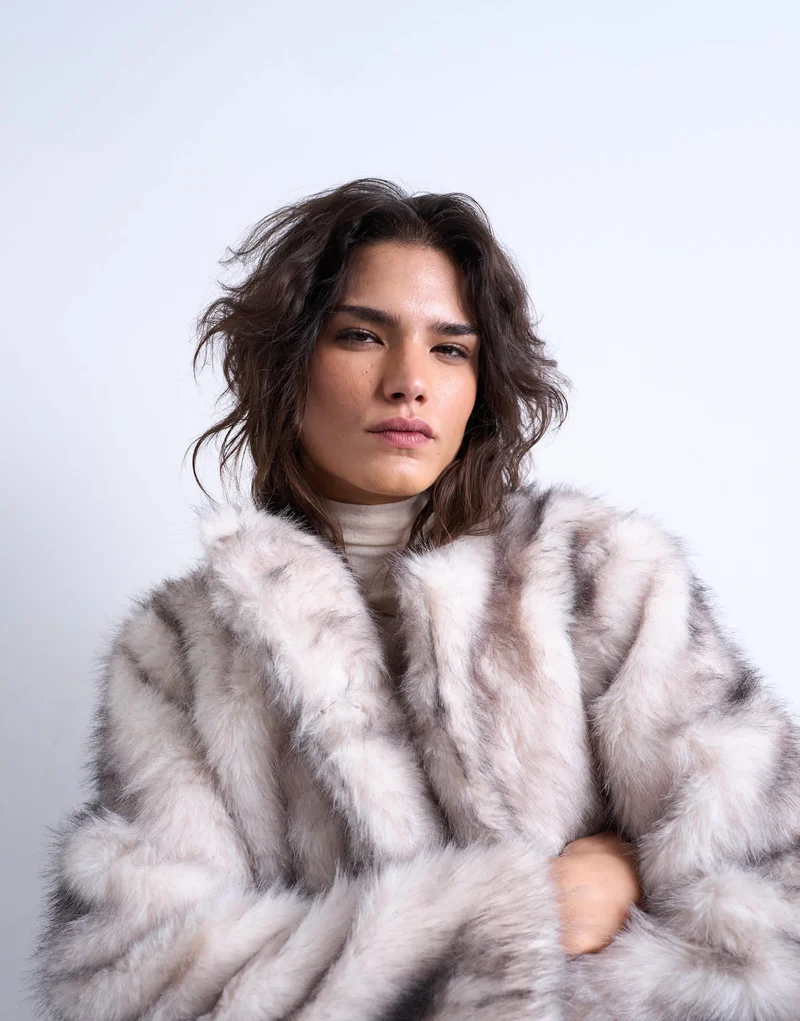 Topshop faux fur collarless mid length coat in white stripe