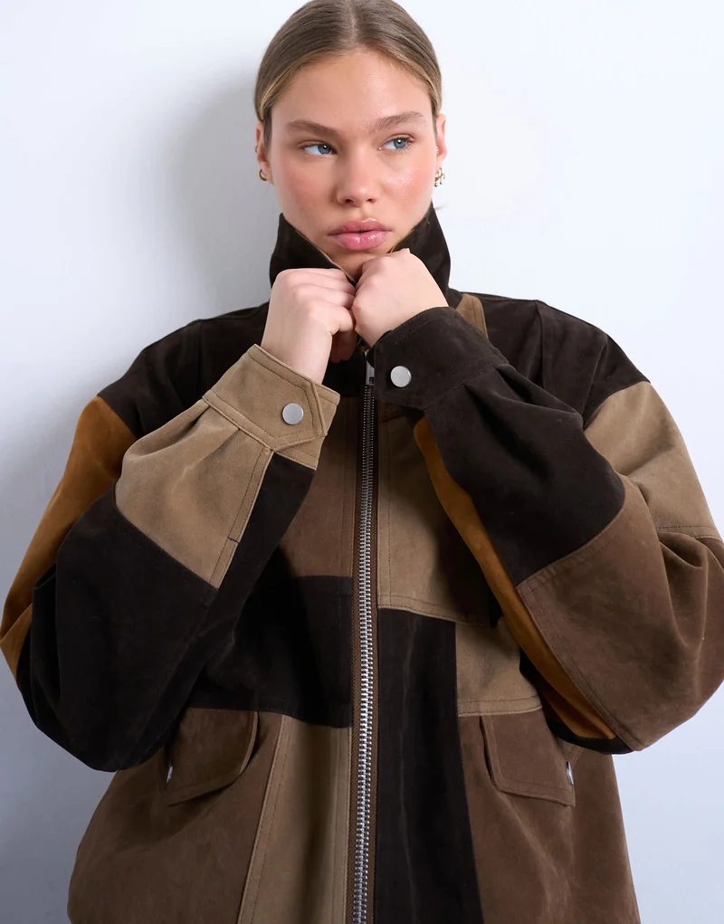 Topshop faux suede patchwork bomber jacket in multi