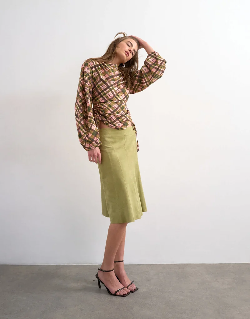 Topshop check print long sleeve ruched side top in multi