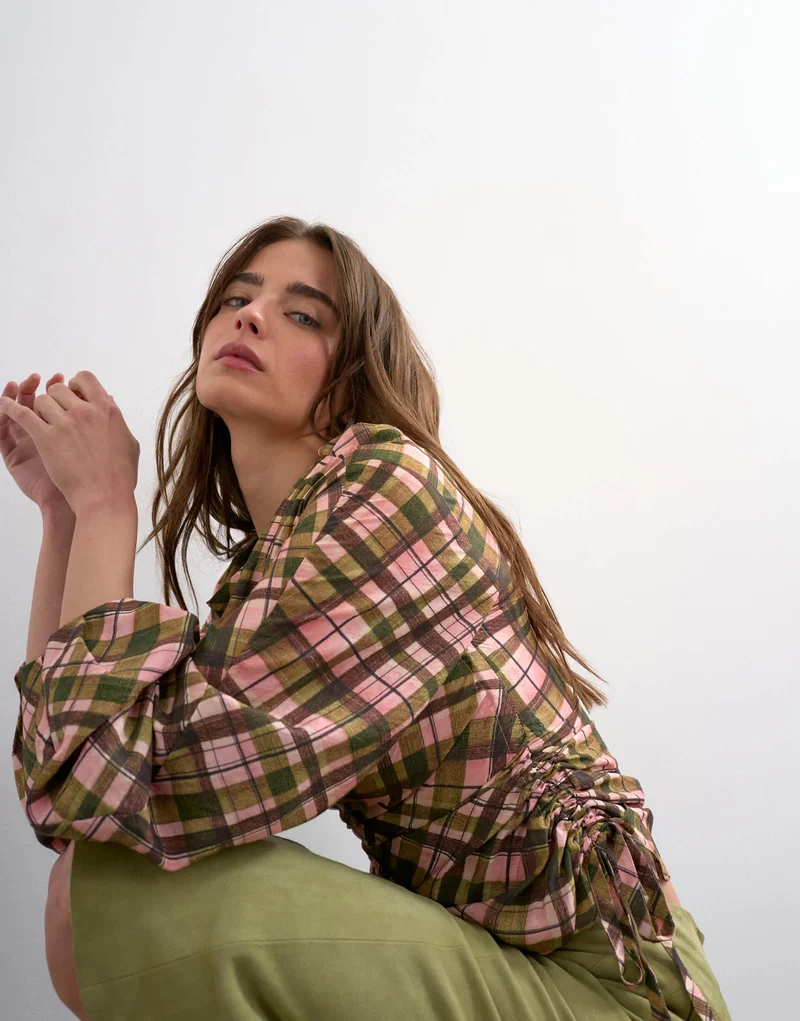 Topshop check print long sleeve ruched side top in multi