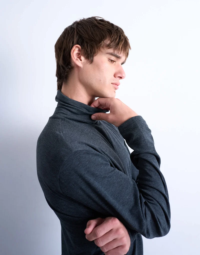 Topman relaxed fit roll neck long sleeve t-shirt in dark grey