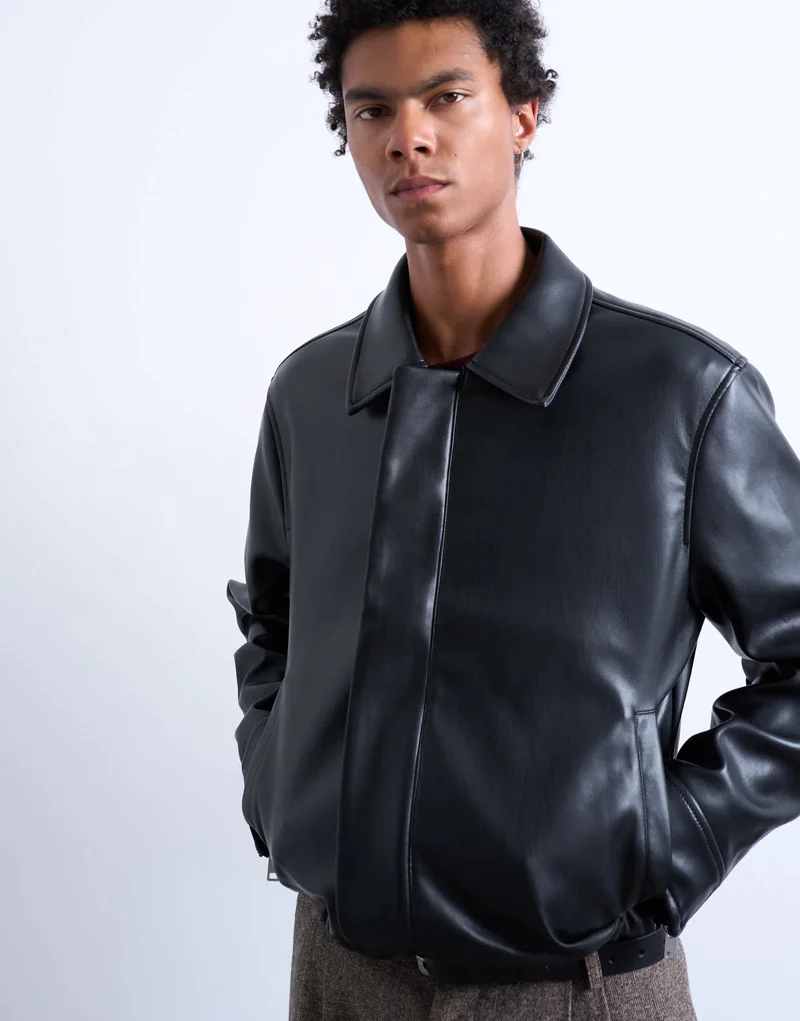 Topman soft faux leather jacket in black