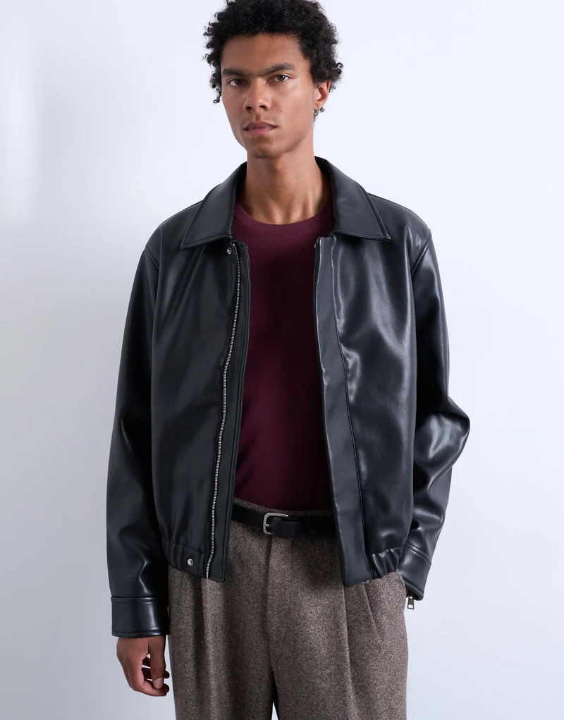 Topman soft faux leather jacket in black