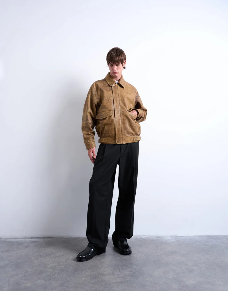 Topman real leather double pocket coat in tan