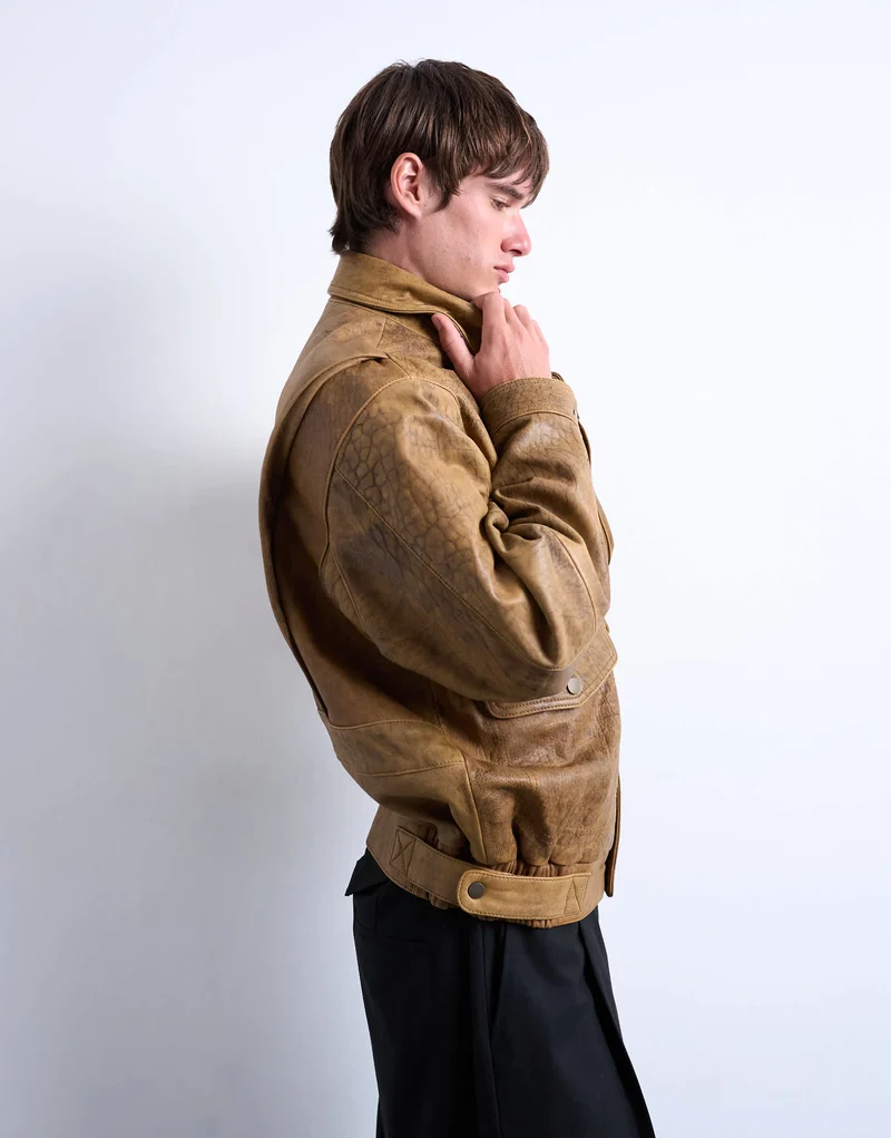 Topman real leather double pocket coat in tan