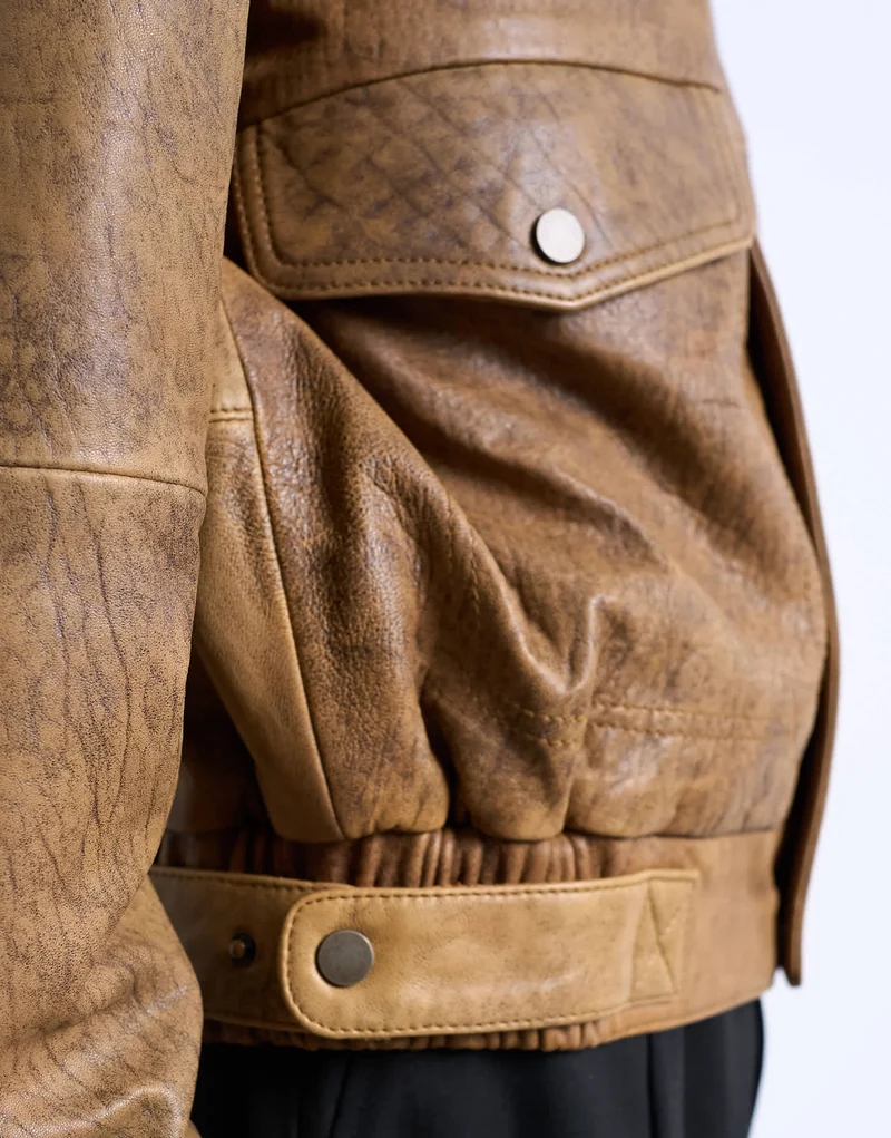 Topman real leather double pocket coat in tan
