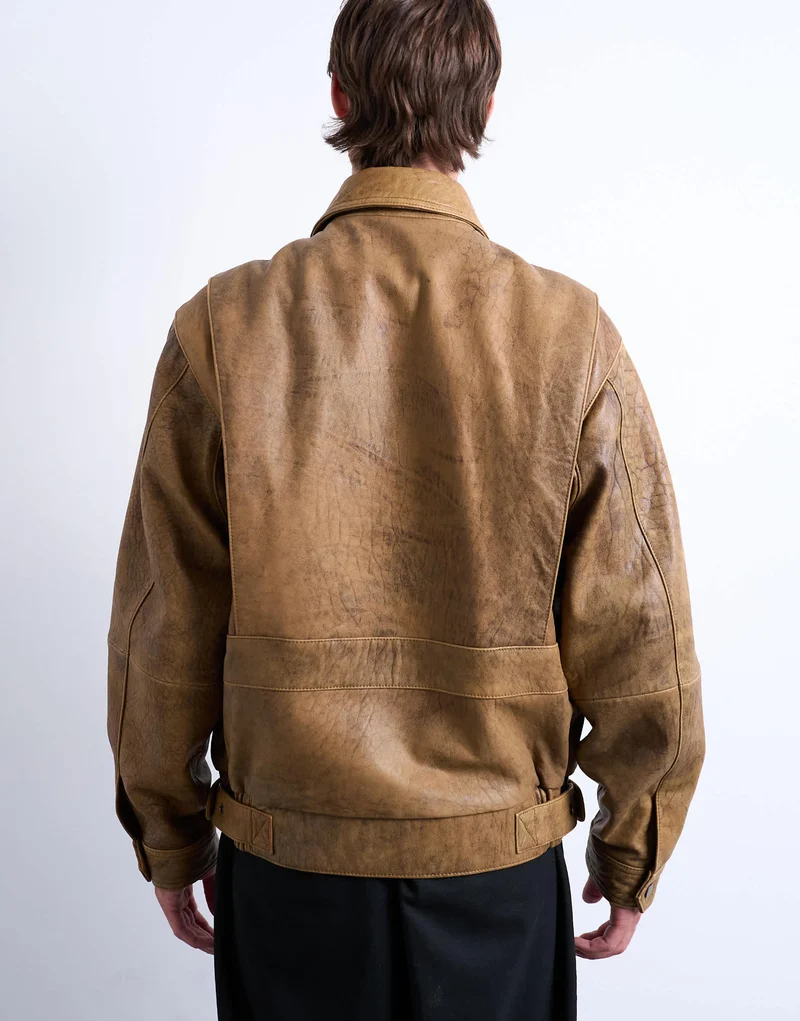 Topman real leather double pocket coat in tan
