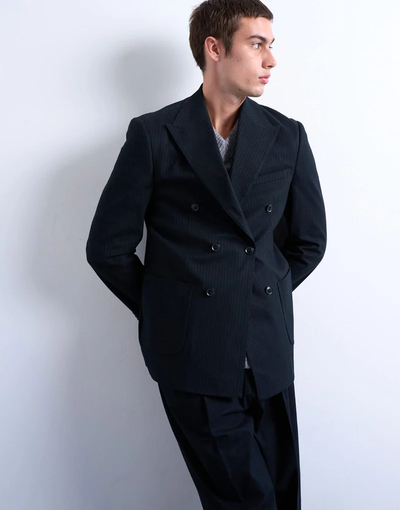 Topman wool touch striped double breasted blazer in navy