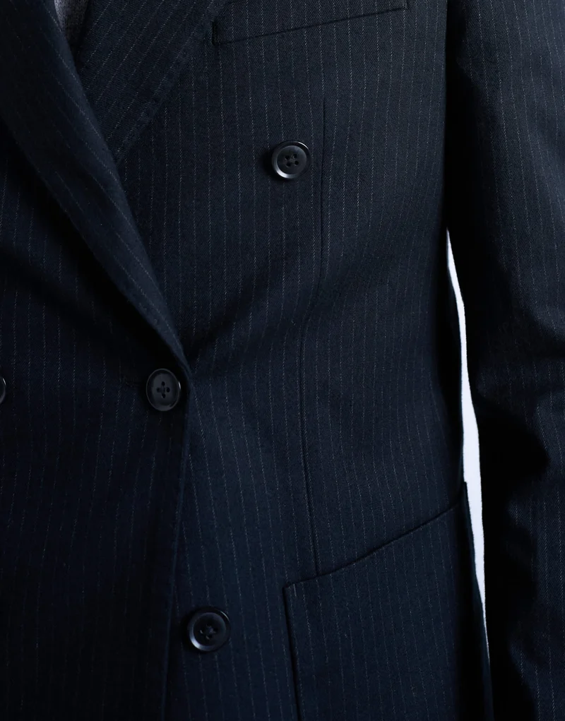 Topman wool touch striped double breasted blazer in navy