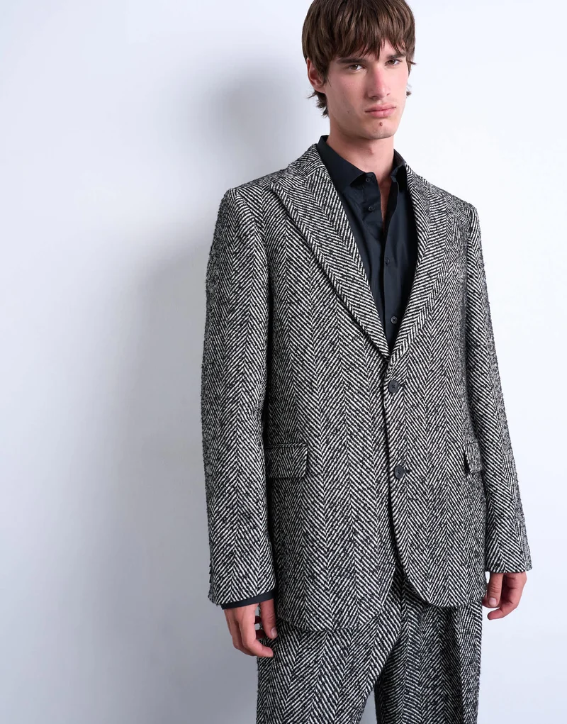Topman relaxed herringbone wool blend blazer in black