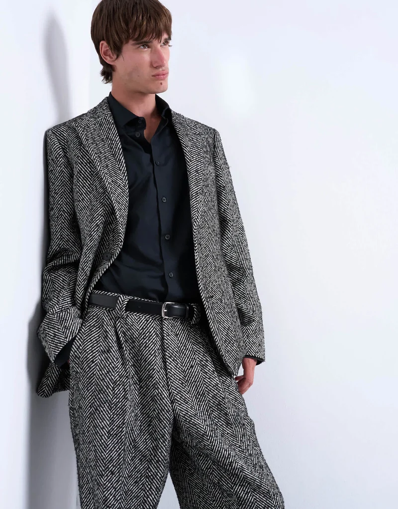 Topman relaxed herringbone wool blend blazer in black
